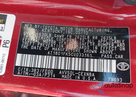 2012 Toyota Camry Hybrid Le из США, поврежденный, VIN 4T1BD1FK5CU033161